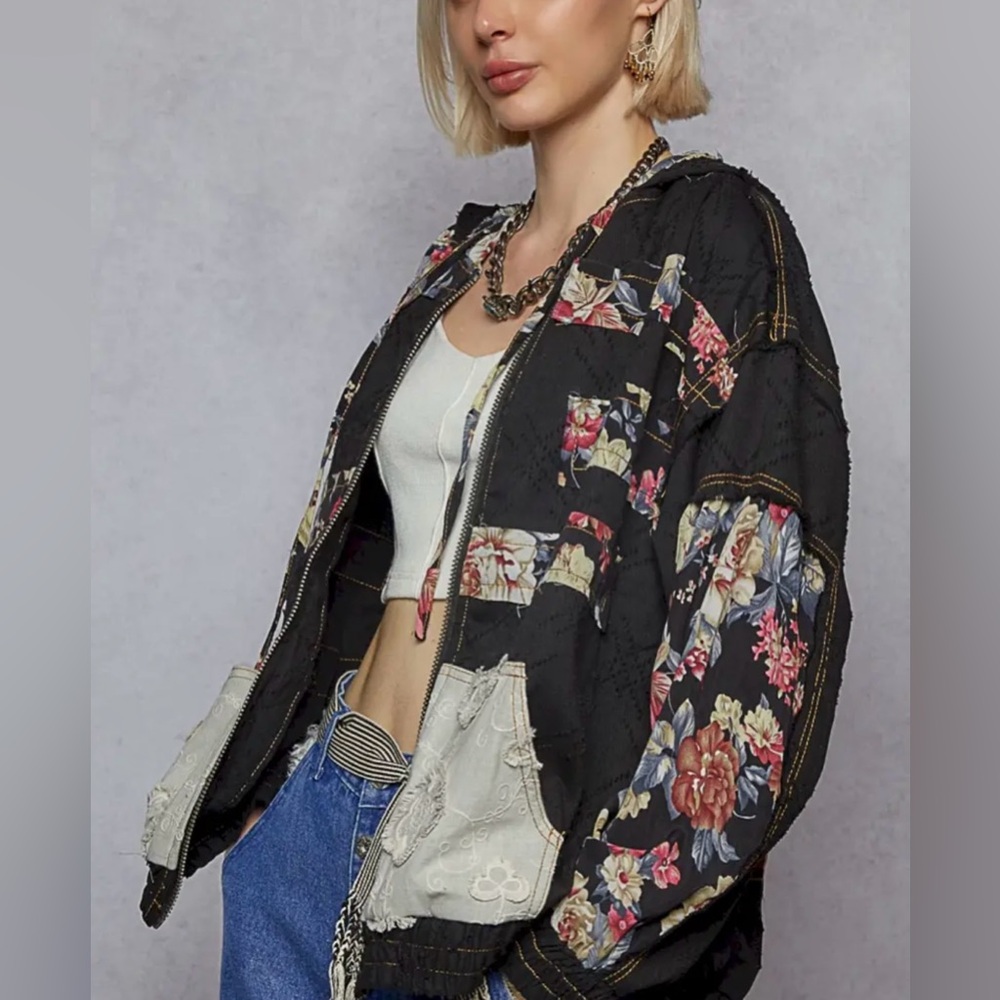 POL Black Floral Patchwork Zip Up Bomber Jacket